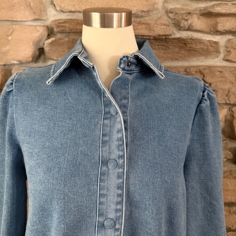 Bagatelle Collection Womens Medium Wash Puff Sleeve Denim Snap Front Shirt M - Picture 2 of 11